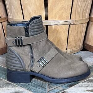 Circus by Sam Edelman Gia Taupe Olive Leather Chunky Heel Moto Boot Women Size 8